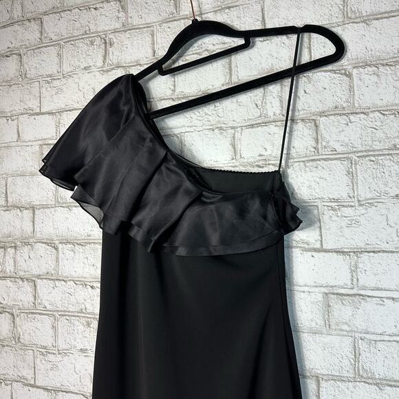 Badgley Mischka Black Dress Formal Maxi One Shoulder Silk Ruffle Minimalist 2 - Picture 4 of 7